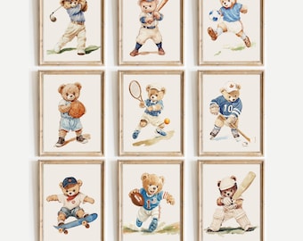 Vintage Sport Teddy Bär Kinderzimmer Drucke, 9er-Set, Baby Boy Sportraum Wandkunst, Babyshower Geschenk Junge, Golf Thema Kinderzimmer, charmanter Bär