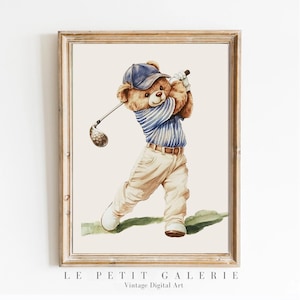Vintage Sports Teddy Bear Nursery Prints, Baby Boy Sports Room Wall Art, babyshower gift boy, golf theme nursery, charming bear