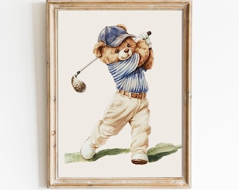 Vintage Sports Teddy Bear Nursery Print: Golf Theme (Digital Download)