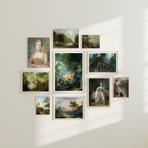 May include: A gallery wall with nine framed paintings, featuring various landscapes and portraits. The paintings are arranged in a grid pattern on a white wall.
