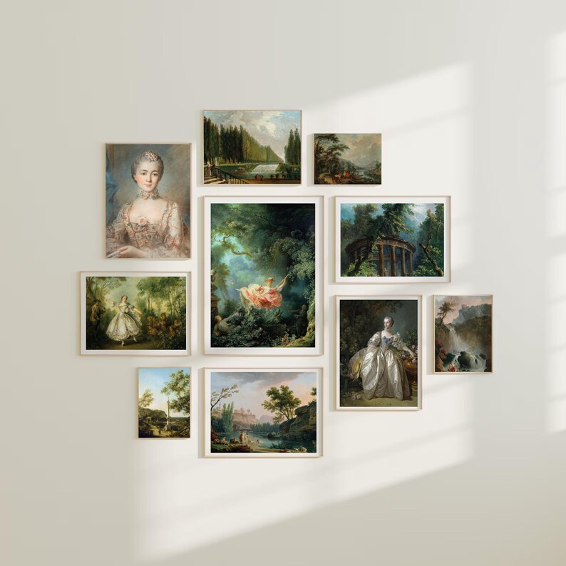 May include: A gallery wall with nine framed paintings, featuring various landscapes and portraits. The paintings are arranged in a grid pattern on a white wall.