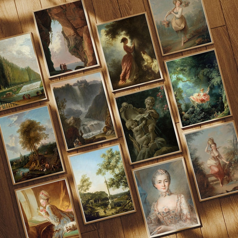 May include: A collection of 10 framed art prints featuring various scenes and styles. The prints are arranged in a grid pattern on a wooden surface. Some of the prints feature landscapes, while others feature portraits and still lifes. The prints are all in different sizes and shapes, and they are all framed in simple, black frames.