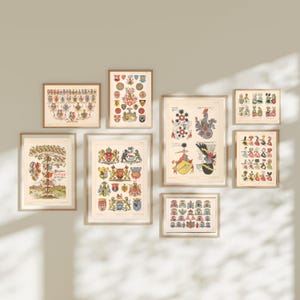 K&ouml;nnte beinhalten: Eine Sammlung von neun gerahmten Drucken mit Vintage-Illustrationen von Wappen. Die Drucke sind in verschiedenen Gr&ouml;&szlig;en und in einem Rastermuster an einer hellgrauen Wand angeordnet.