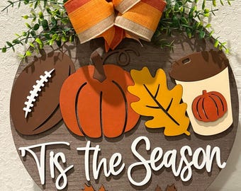 Fall Door Sign | Pumpkin, Football, Autumn Leaves Decor