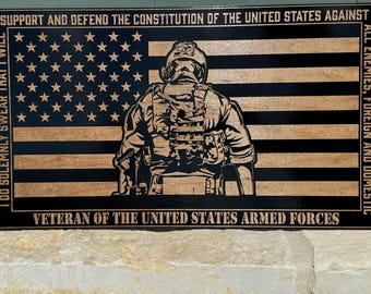 Placa grabada con la bandera estadounidense para veteranos / Arte mural militar de madera hecho a mano
