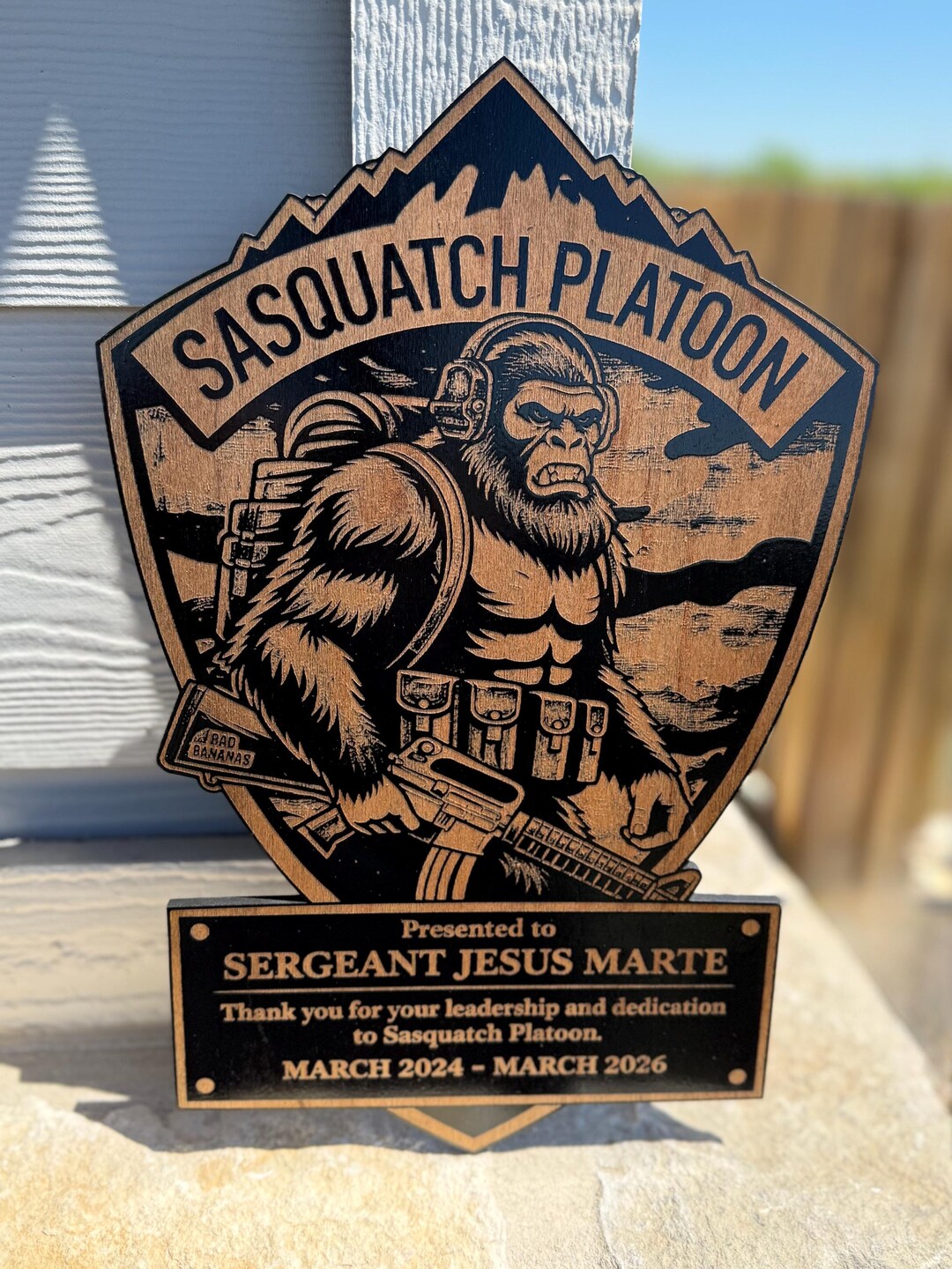 Custom Sasquatch Platoon Wooden Plaque Tactical Bigfoot Military 