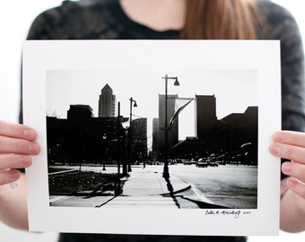 Sunny Philadelphia Streets and Skyline Photograph (9 x 6 inch Fine Art Print) Black & White City Photography