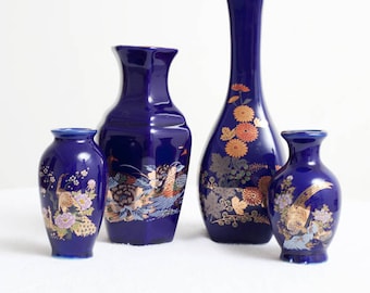 Japanese Decorative Vase Set of 4 (Cobalt Blue Vintage Home Decor) Floral Japan Design with Birds