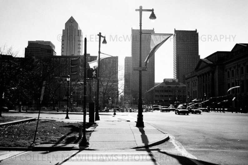 Sunny Philadelphia Streets and Skyline Photograph 9 x 6 inch Fine Art Print Black & White City Photography image 2