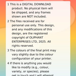 May include: A digital download product notice with the text "IMPORTANT INFORMATION" at the top. The text explains the product is a digital download, not a physical item, and the files are for personal use only. Copyright OLIPHANT ENTERPRISES LTD, 2025.
