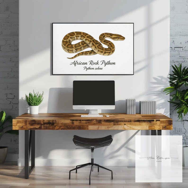May include: A framed print depicting an African Rock Python, Python sebae, in brown and tan hues. The artwork hangs above a wooden desk with a computer, books, and a black chair. The text "African Rock Python" and "Python sebae" is below the illustration.
