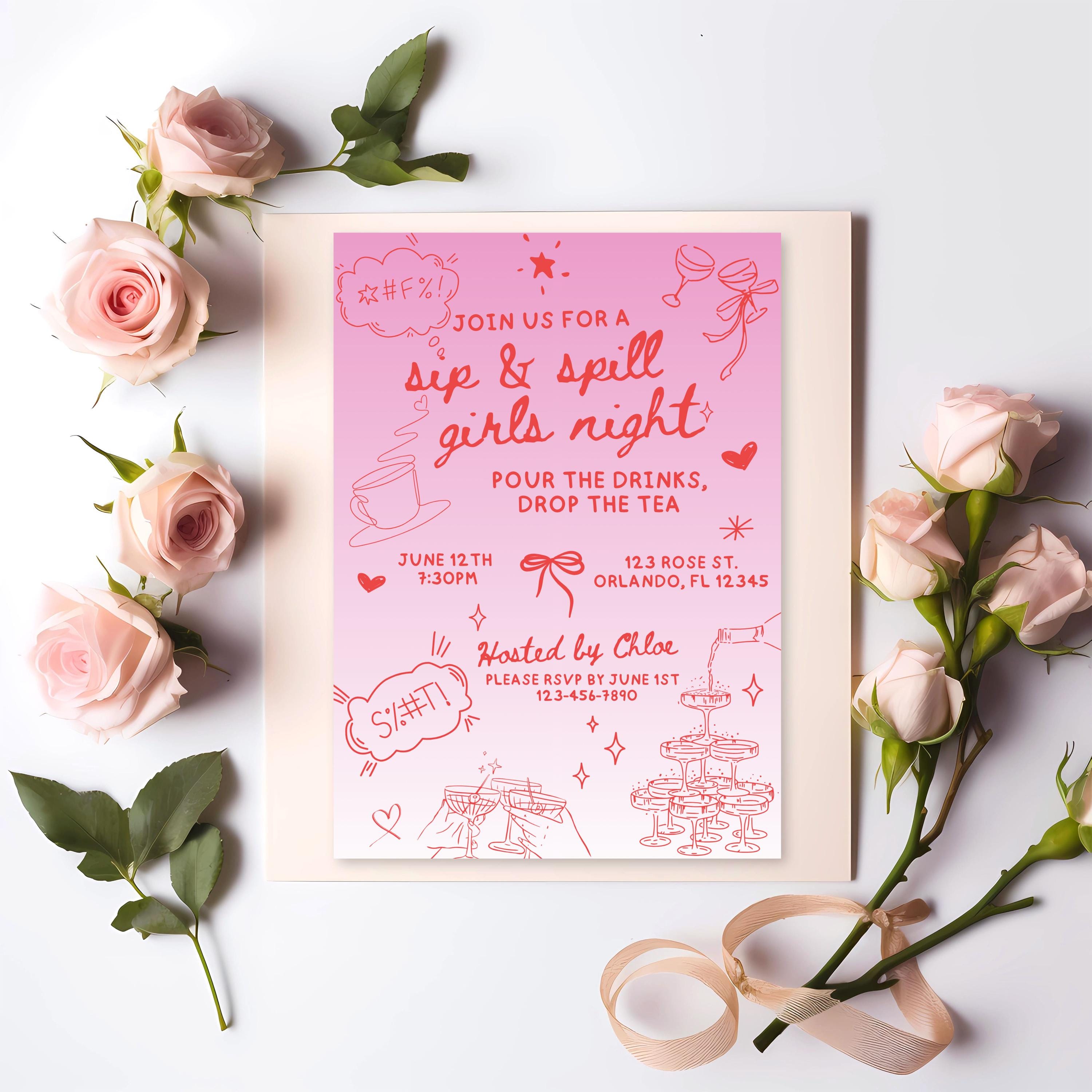 Sip & Spill Girls' Night Invitation | 5x7 Editable Party Template | Canva Pro Required | DIY Printable Invite for Ladies Night or Wine Party