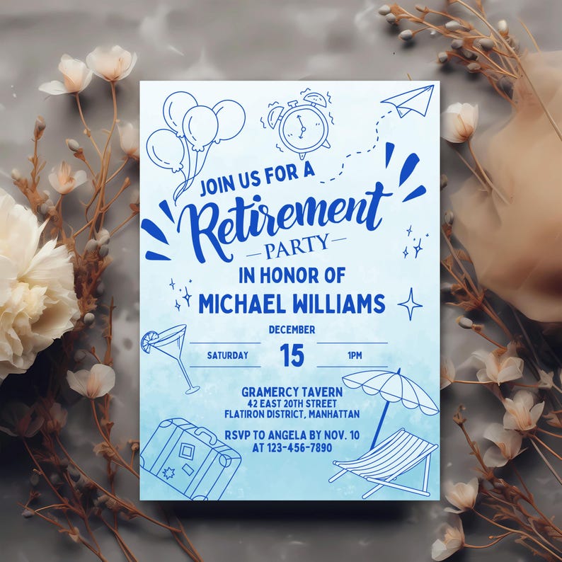 Modern Sketch Retirement Party Invitation | Editable 5x7 Canva Template ...
