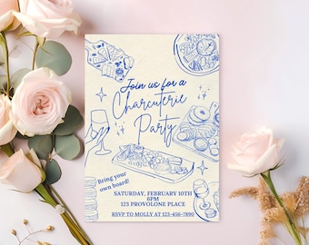 May include: A blue and white invitation for a charcuterie party. The invitation features a hand-drawn illustration of a charcuterie board with various cheeses, meats, and crackers. The text on the invitation reads "Join us for a Charcuterie Party", "Bring your own board!" and "Saturday, February 10th 6PM 123 Provolone Place RSVP to Molly at 123-456-7890".