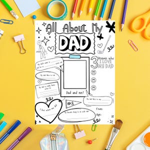 Feuille de travail imprimable Tout sur mon père | Questionnaire cadeau fête des pères offert par des enfants | Activité à compléter | PDF imprimable