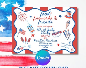 BBQ-uitnodiging 4 juli | Bewerkbare canva-sjabloon Lanscape (digitale download)