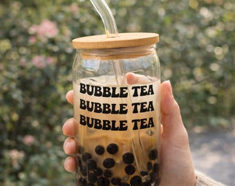 Gepersonaliseerde bubbeltheeglazen beker | Retro-design, bamboe deksel en rietje