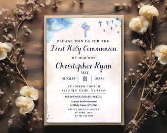 Blue First Communion Invitation Template | Boy Communion Invite (Digital Download)