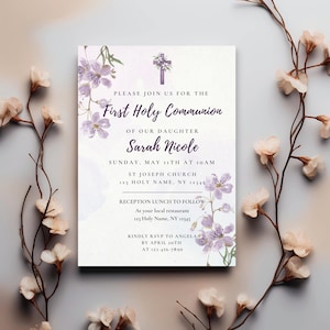 Purple First Holy Communion Invitation Template | 5x7 Printable Digital Download | Girl Communion Invite | Editable Canva Template