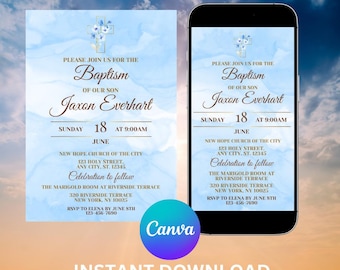 Modern Baptism Invitation Template for Boys | 5x7 Printable Template | 1080x1920 Digital Baptism Evite | Watercolor Boy Baptism Invite
