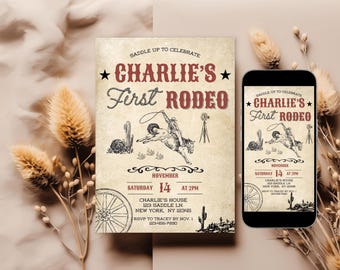 May include: A vintage-style invitation for "Charlie's First Rodeo" with a cowboy illustration. The design includes text, stars, and a wheel. A smartphone displays the same invitation. The date is Saturday, November 14th at 2 PM.