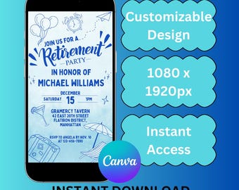 Editable Retirement Party Invitation | 1080x1920 Canva Template |Canva Pro Required |Handwritten Sketch Style Digital Evite to Text or Email
