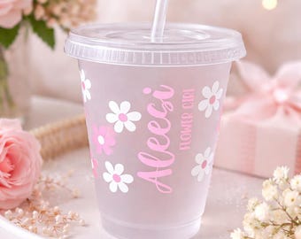 Gepersonaliseerde naambeker met bloemen | Beker van 16 oz met rietje en deksel