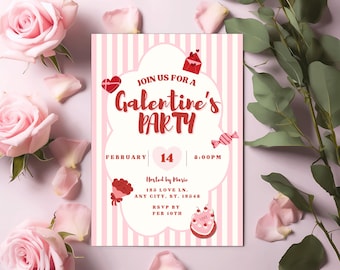 Uitnodiging voor feest Galentine, roze hart lijst (canva bewerkbaar, 5 x 7)