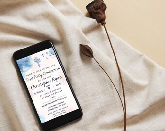 Blue First Holy Communion Invitation Template | Editable Canva Invite (Digital Download)