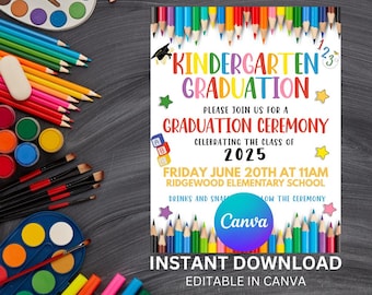 Editable Kindergarten Graduation Invitation Flyer Template 8.5x11, Customizable Graduation Party Invite, Textable Flyer for Kids Event