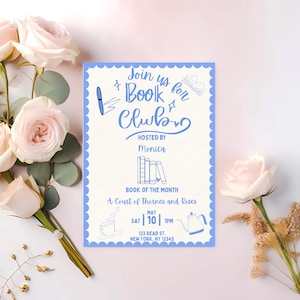 Book Club Invitation | Editable Canva Template | Blue Book Lover Theme | 5x7 Digital Printable Party Invite for Reading Groups & Book Lovers