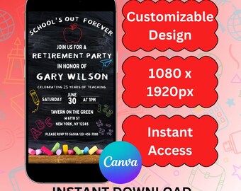 Editable Teacher Retirement Evite |1080x1920 Canva Template |Canva Pro Required |Digital Invite for Principal or School Party |Text or Email