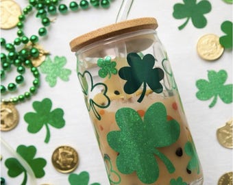 Glazen Shamrock-beker, St. Patrick's Day-ijskoffie met deksel en rietje