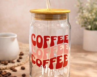 Gepersonaliseerde beker ijskoffie | Retro-design, bamboe deksel en rietje