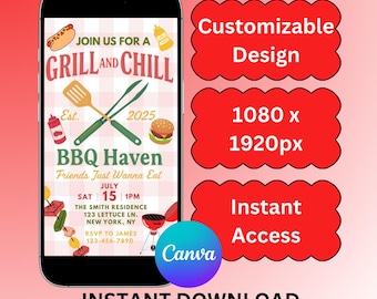 BBQ Grill and Chill Invitation | Editable Canva Template (Digital Download)