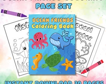Könnte beinhalten: Ein Malbuch-Set für Kinder mit Meeresbewohnern wie einem Oktopus, Wal, Seepferdchen, Schildkröte und Seestern. Das Set enthält Malvorlagen und Buntstifte. Text: "Ocean Friends Coloring Book" und "Instant Download 30 Pages."