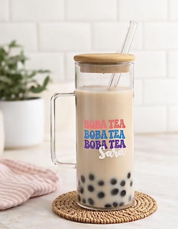 Personalized Boba Tea Glass Mug | Custom Name, Bamboo Lid - Etsy