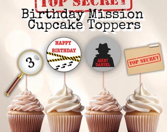 Topgeheime missie verjaardag cupcake toppers, spionagefeest cupcake toppers, geheim agent verjaardagsdecor, gepersonaliseerde spionage feestdecoraties