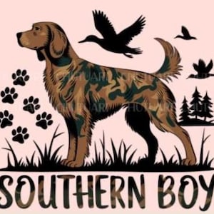 Transferencias DTF de perro de caza de camuflaje Southern Boy listas para prensar por transferencia de calor