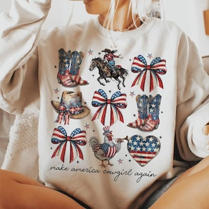 Make america cowgirl again TRANSFERTS DTF prêt à presser, transfert à chaud, design rétro rouge, blanc et bleu, design de chemise du 4 juillet
