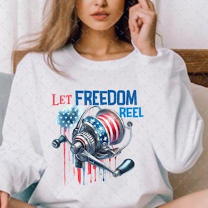 Transferencia DTF lista para prensar transferencia de calor, diseño de camiseta patriótica "Let freedom reel", diseño de camiseta del 4 de julio