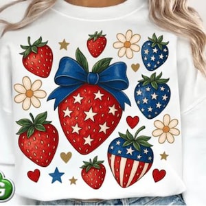 Transfert de DTF fraise bohème du 4 juillet prêt à presser transfert de chaleur, chemise de collage patriotique, conception de chemise de collage patriotique
