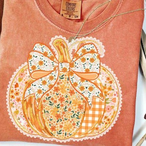 以下が含まれることがあります： サンゴ色のTシャツ。花柄のリボンとギンガムチェック模様のパンプキンデザイン。カボチャは白いレースのトリムで縁取られています。シャツにはComfort Colorsのタグが付いています。