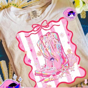 Botas de cowgirl de praia DTF TRANSFERS prontas para prensar transferência térmica, design de camisa de verão, cowgirl costeira DTF transfer