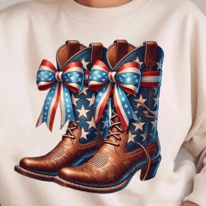 Amerikanisches Cowgirl patriotische Stiefel DTF TRANSFER bereit, Hitzetransfer, patriotisches Collagen-Shirt, 30