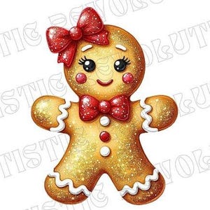 Może przedstawiać: Ilustracja błyszczącego ludzika z piernika z czerwoną kokardą na głowie i pasującą muszką. Piernikowy ludzik ma białe detale z lukru i czerwone akcenty. Projekt jest świąteczny i odpowiedni na Boże Narodzenie.