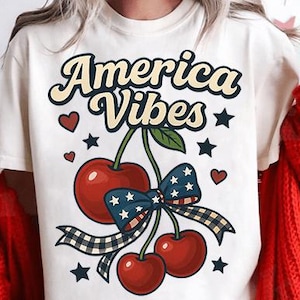 Transferts DTF patriotique America Vibes Cherry du quatrième juillet, transfert à chaud prêt à presser, design rétro rouge blanc et bleu