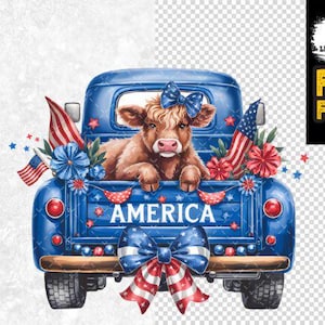 Trasferimento DTF "Mucca delle Highlands americane" pronto per la stampa, trasferimento DTF patriottico, design per maglietta del 4 luglio.
