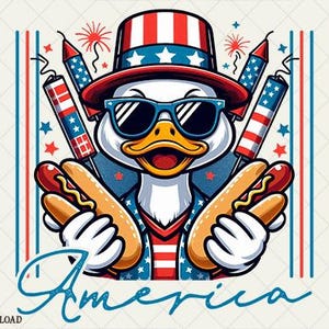 Transferencia de calor lista para imprimir: Pato patriótico estadounidense, transferencia DTF de julio, diseño de camiseta de pato divertido.
