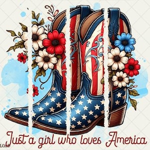 Solo una chica que ama a Estados Unidos, botas vaqueras patrióticas del 4 de julio, transferencias DTF listas para presionar, transferencia de calor